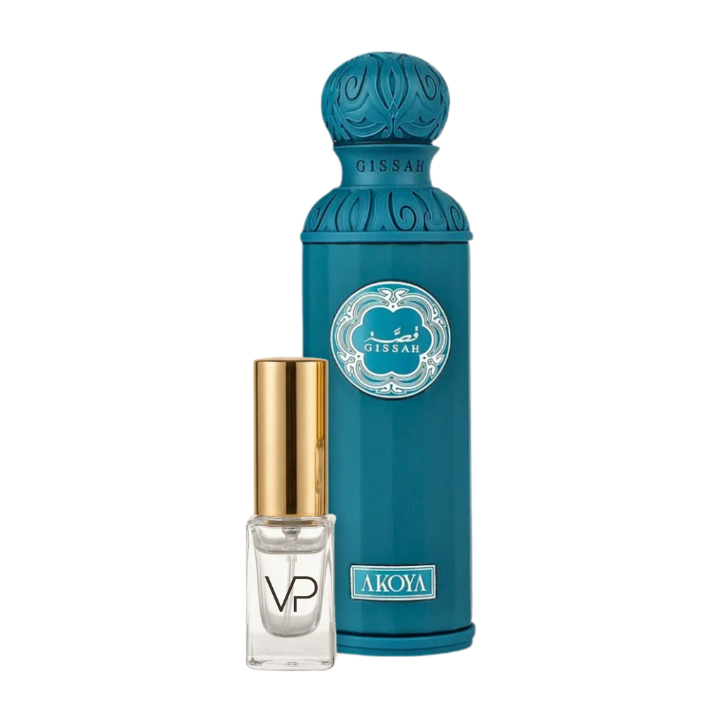 Gissah Akoya bottle with a Vial Perfumery 2ml decant