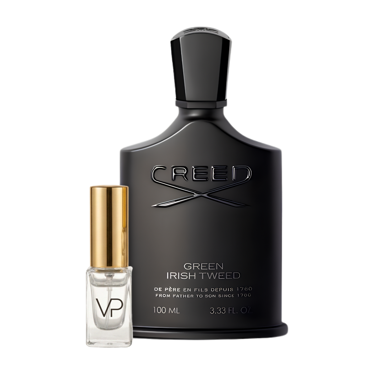 Creed Green Irish Tweed bottle with a Vial Perfumery 2ml decant