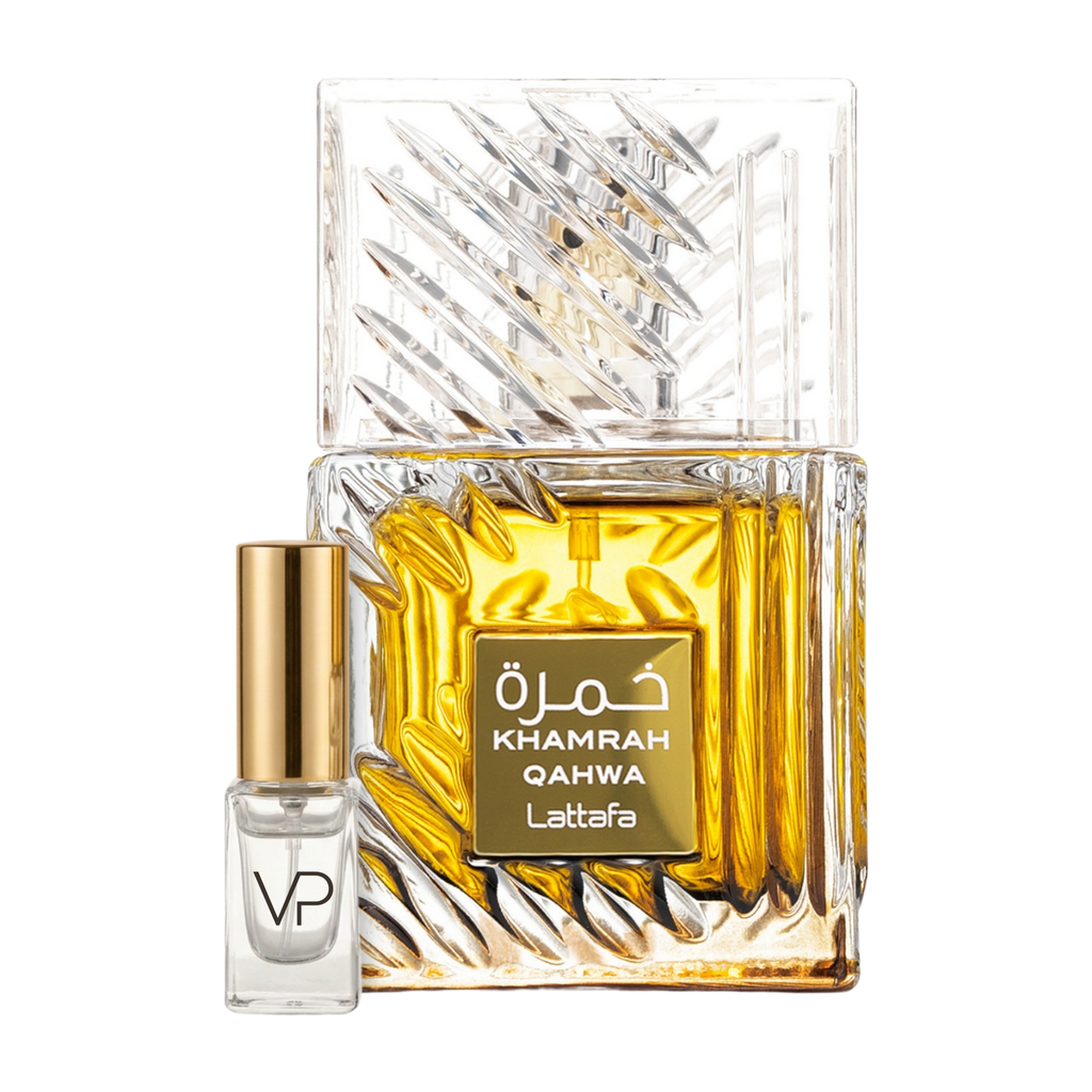 Lattafa Khamrah Qahwa bottle with a Vial Perfumery 2ml decant
