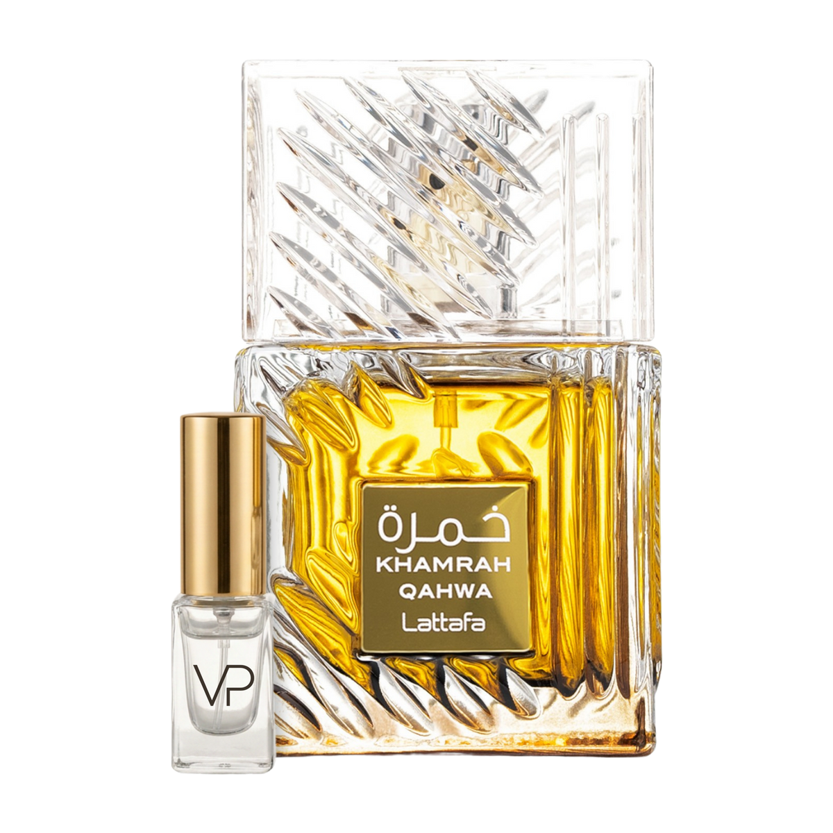 Lattafa Khamrah Qahwa bottle with a Vial Perfumery 2ml decant
